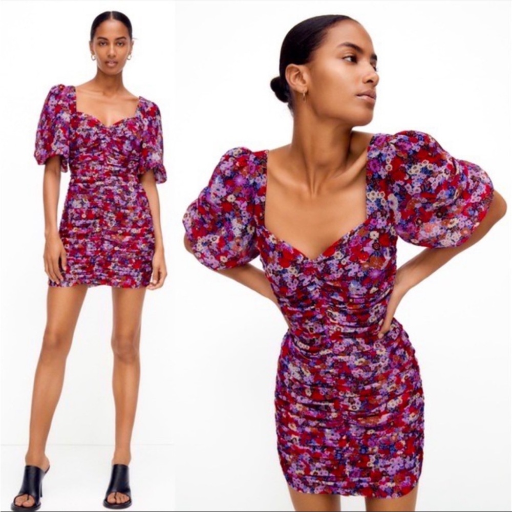 Zara Puff Sleeve Ruched Floral Mini Dress NWT